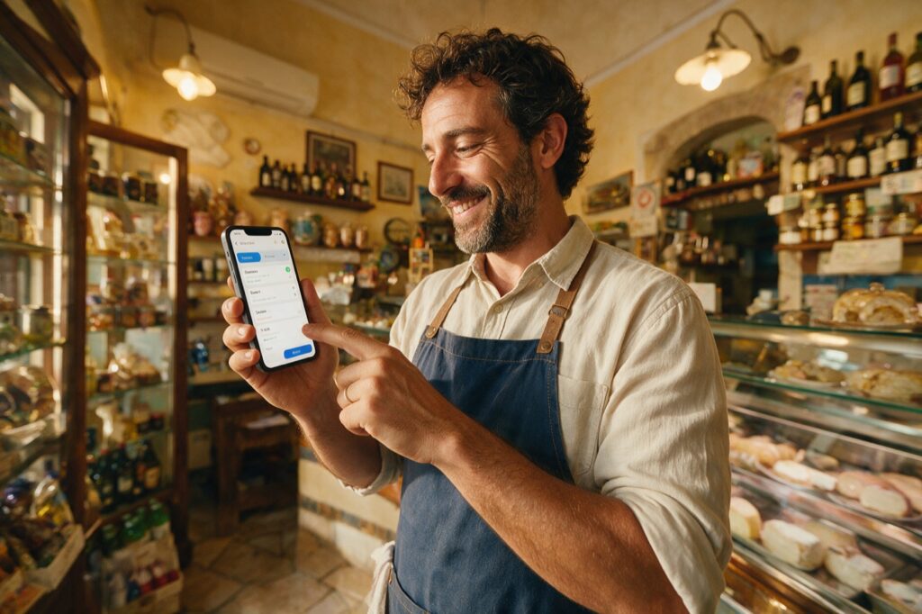 Commerciante di Siracusa che gestisce clienti e prenotazioni da un'app sullo smartphone