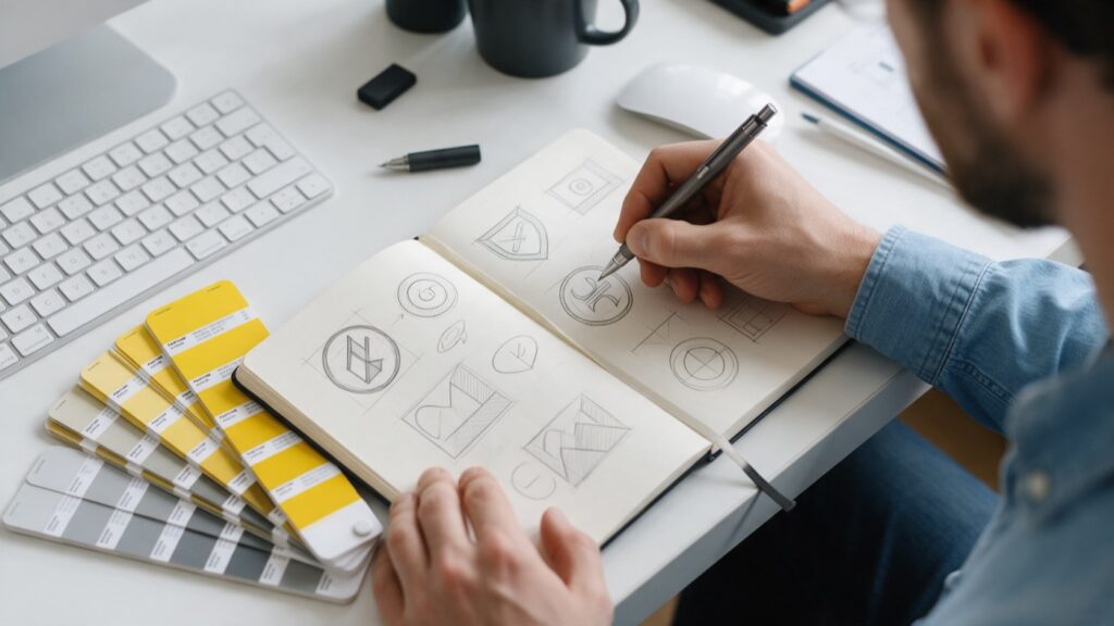 Bozzetti di un logo con campioni di colore giallo e grigio