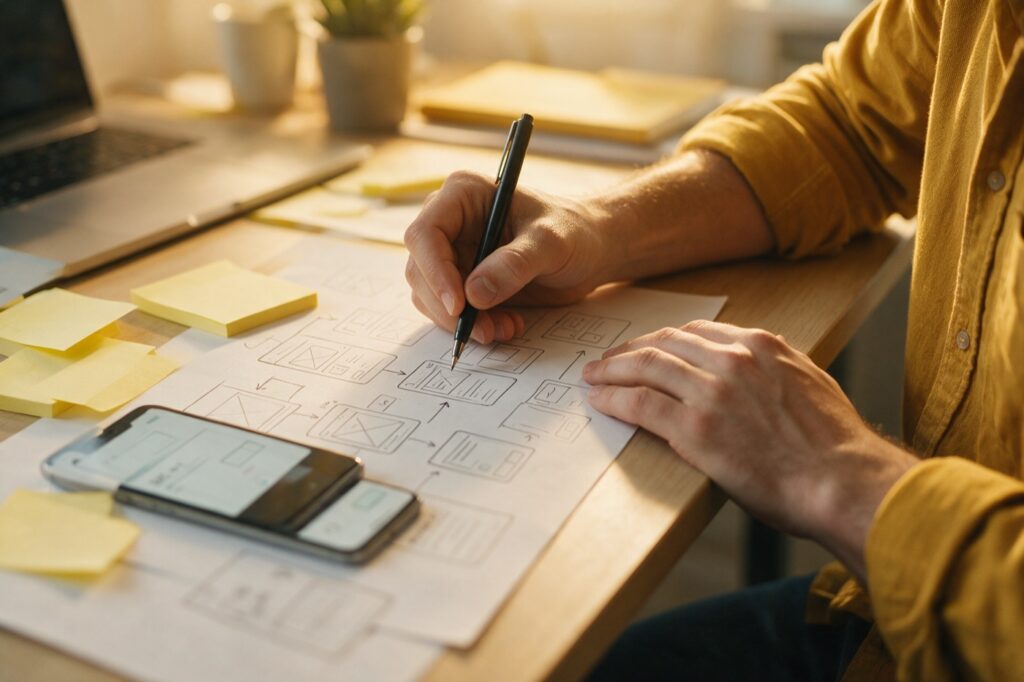 Progettazione di un'app: wireframe e flussi su carta accanto a uno smartphone