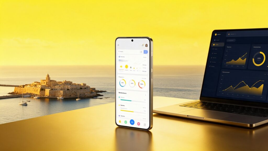 Realizzazione app a Siracusa: smartphone con app aziendale e vista su Ortigia