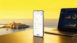 Realizzazione app a Siracusa: smartphone con app aziendale e vista su Ortigia