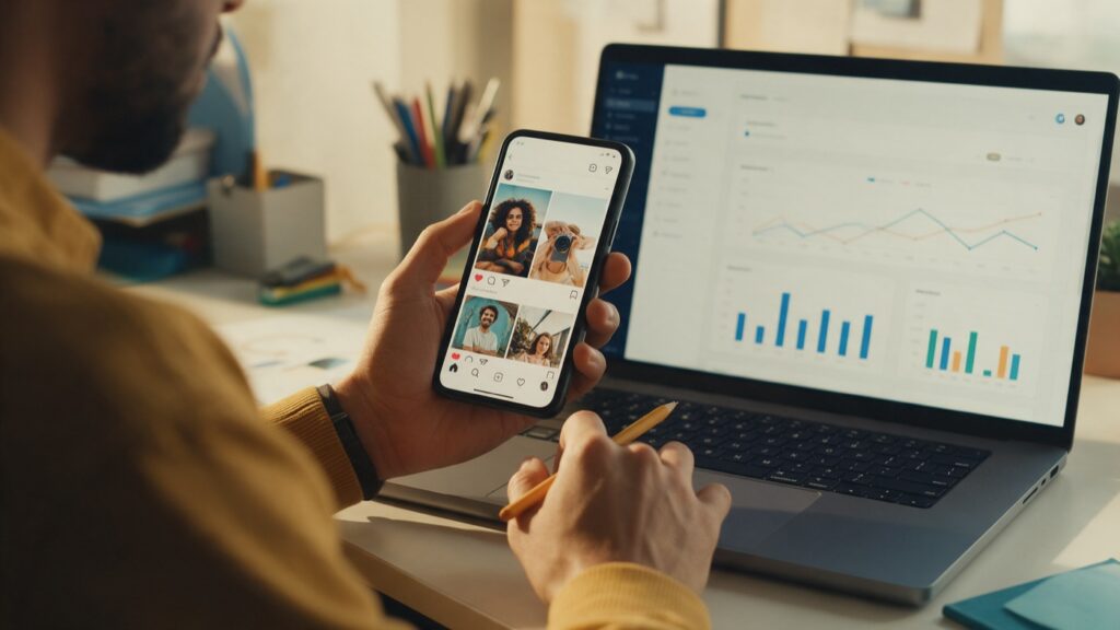 Pianificazione di campagne social e Google Ads su smartphone e computer